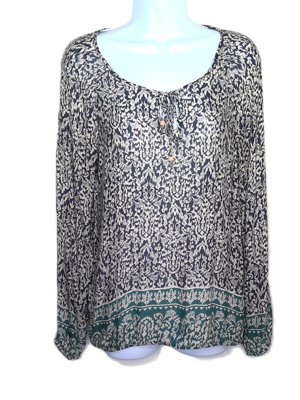 Lucky Brand Batik Paisley Boho Top Blue Cream & Green Scoop Neck Festival Sz S